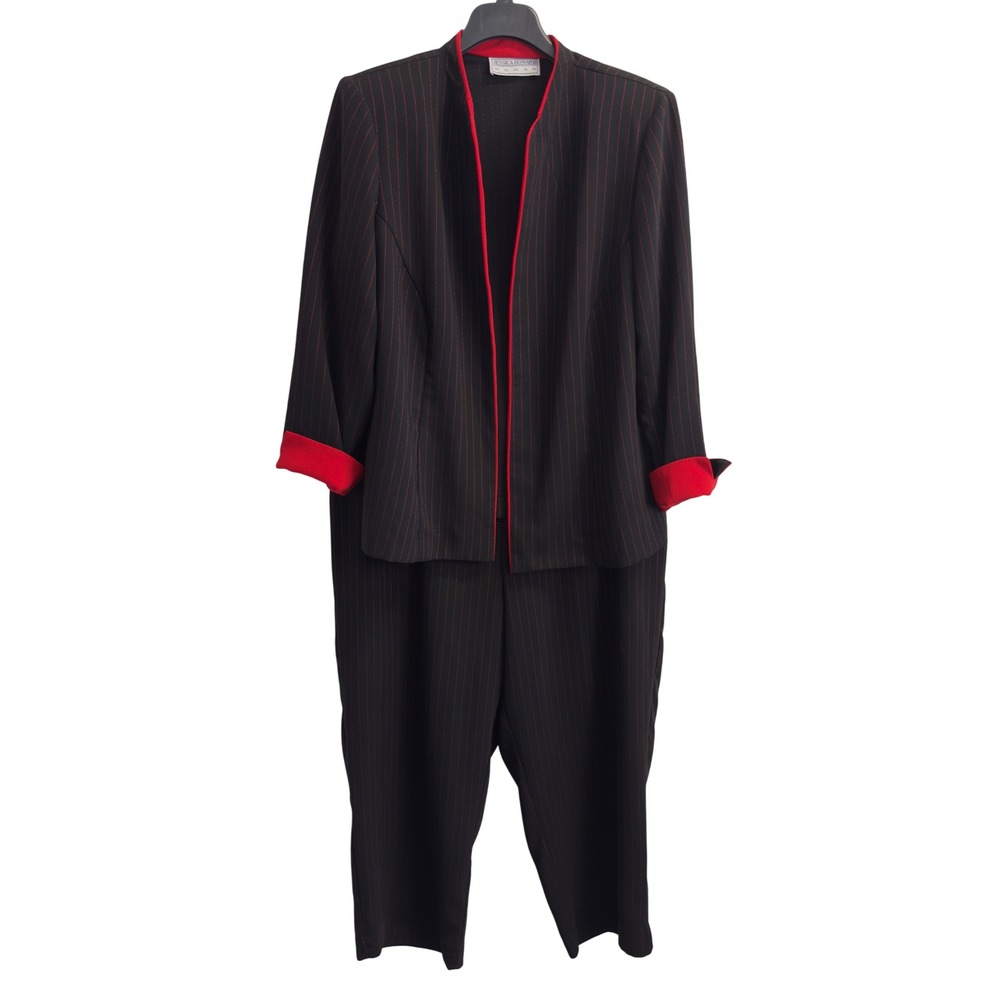 Jessica Howard Womens 20W Black Red Pinstripe Pant Suit Set Open Blazer Trousers